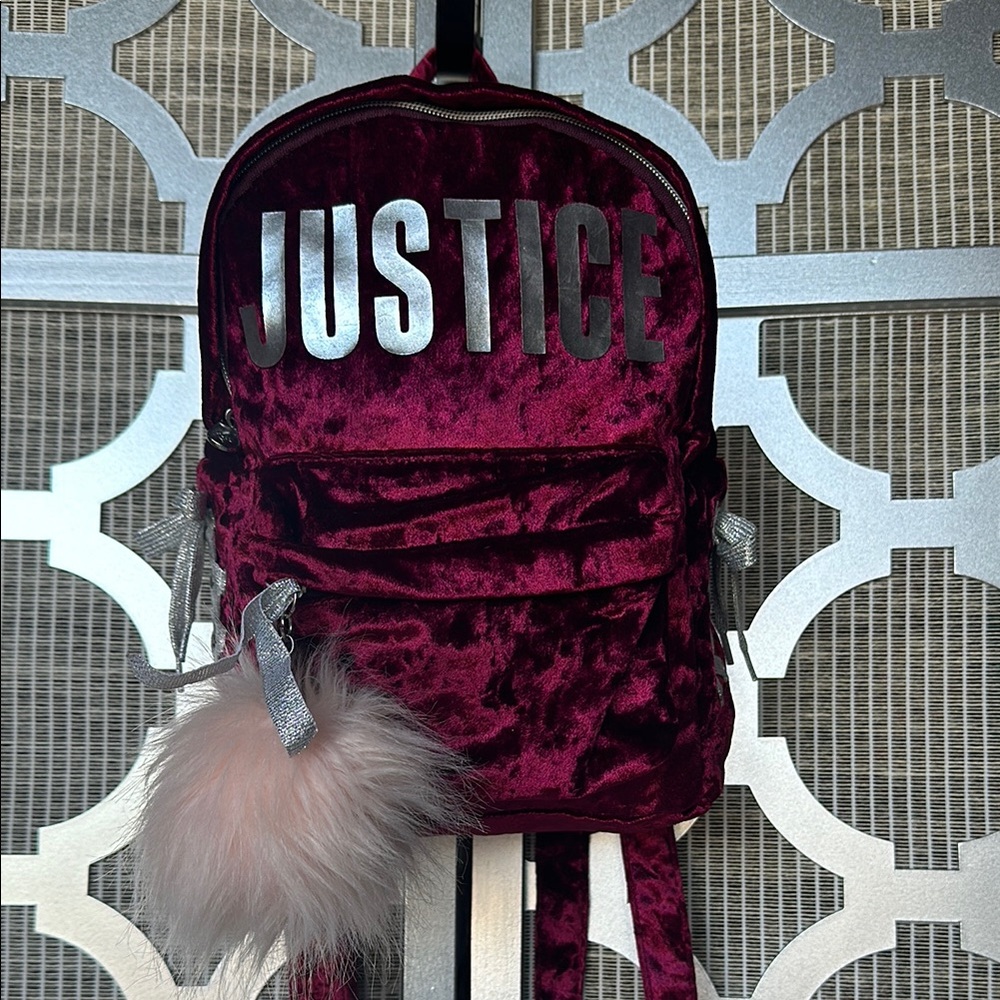 Justice Silver and Pink Backpack with Velvet Texture